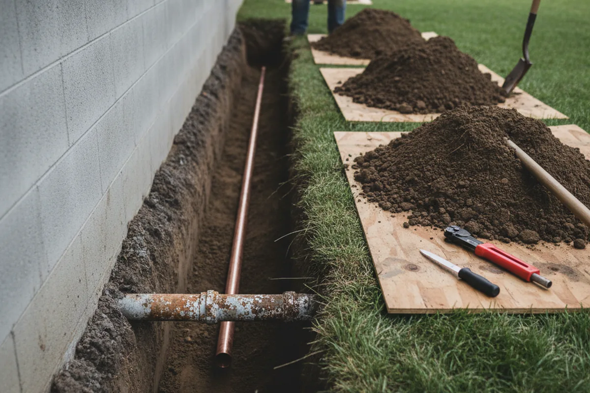 Excavated water line trench during Sewer Line Repair in Four Oaks